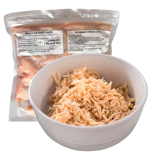 Pollo desmechado 🍗 sazonado 500g (Calienta y listo)